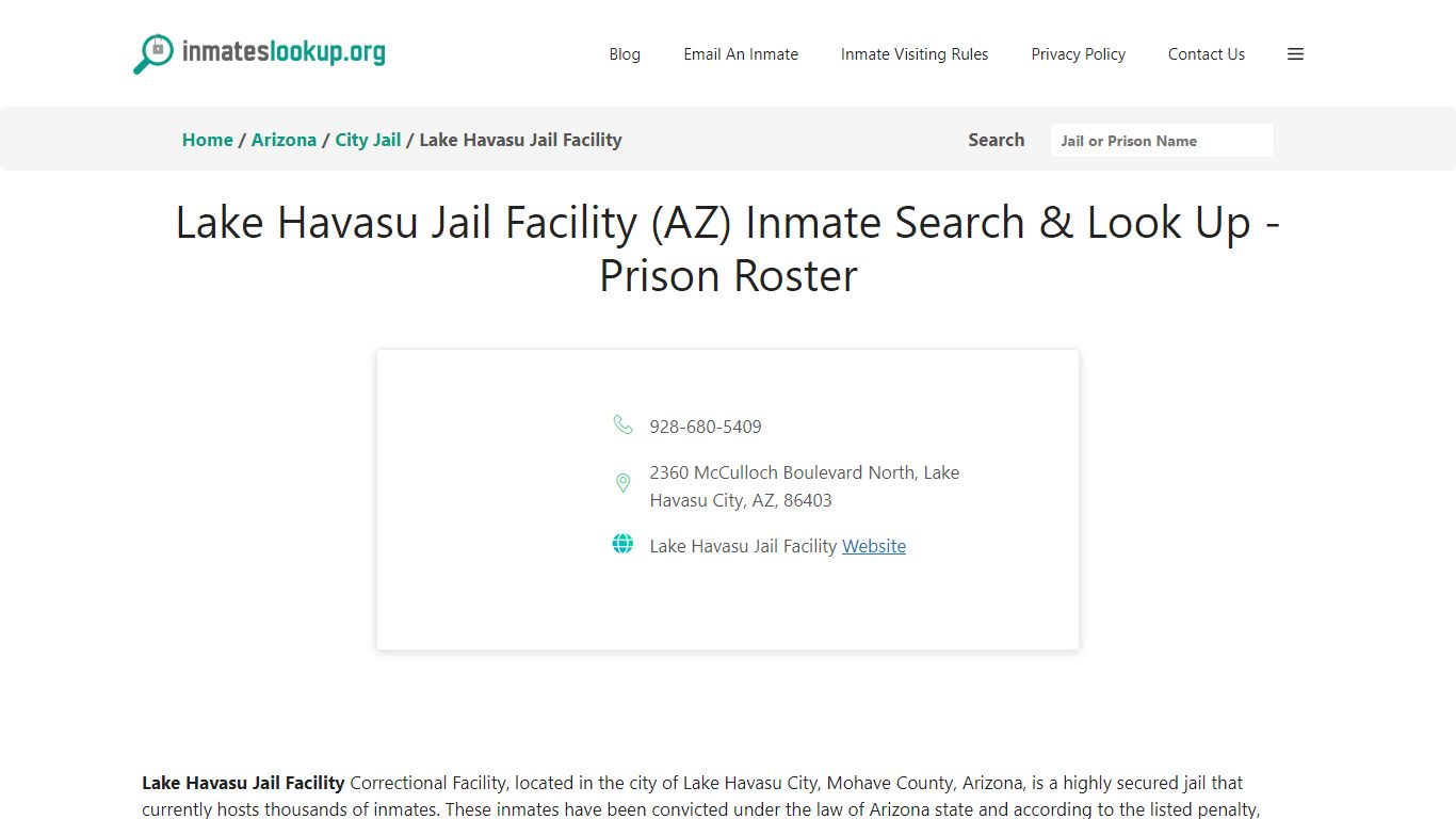 Lake Havasu Jail Facility (AZ) Inmate Search & Look Up - Inmate Lookup